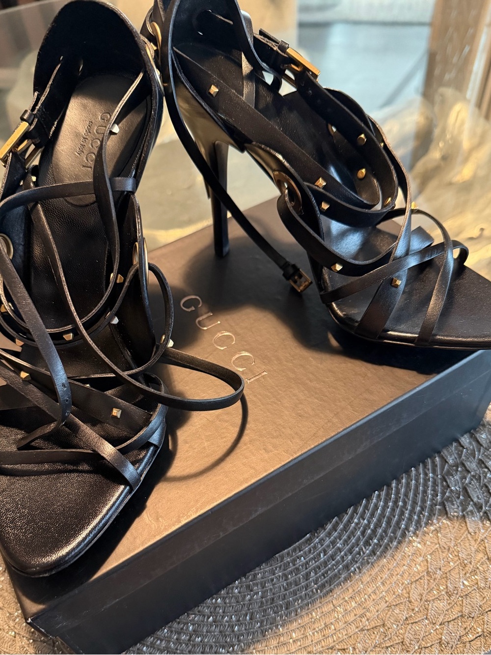 Gucci Black Leather Strappy High Heel Sandals with Gold Studs